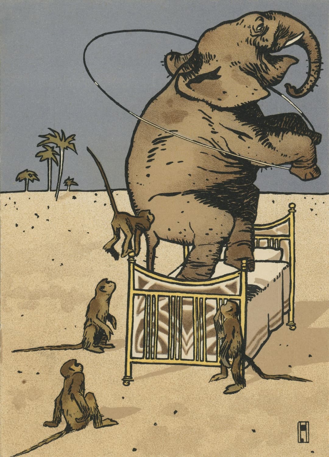 Museum-quality Giclée reproduction of Ludwig Hohlwein's early 20th-century Plakatstil poster, featuring a whimsical elephant standing on a bed and hula hooping while observed by three monkeys. Ideal for children's rooms or vintage graphic design collections.
