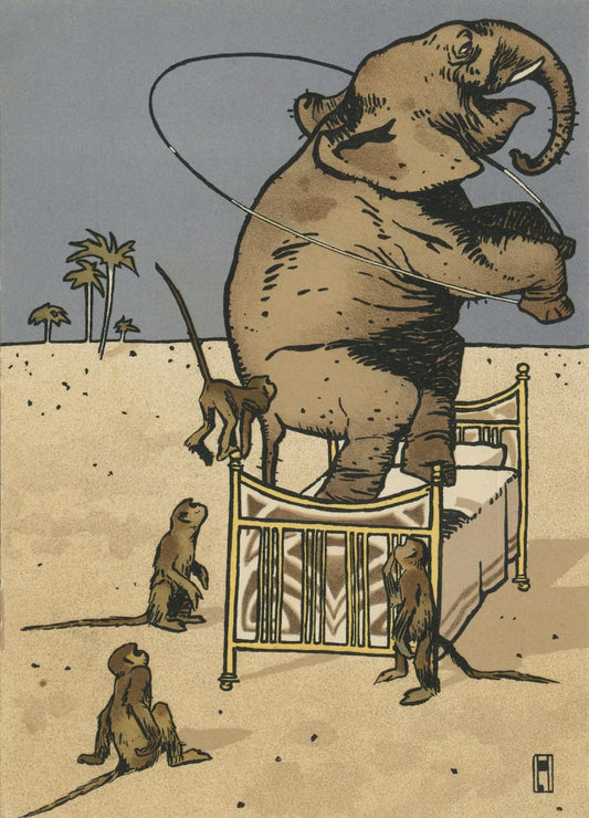 Museum-quality Giclée reproduction of Ludwig Hohlwein's early 20th-century Plakatstil poster, featuring a whimsical elephant standing on a bed and hula hooping while observed by three monkeys. Ideal for children's rooms or vintage graphic design collections.