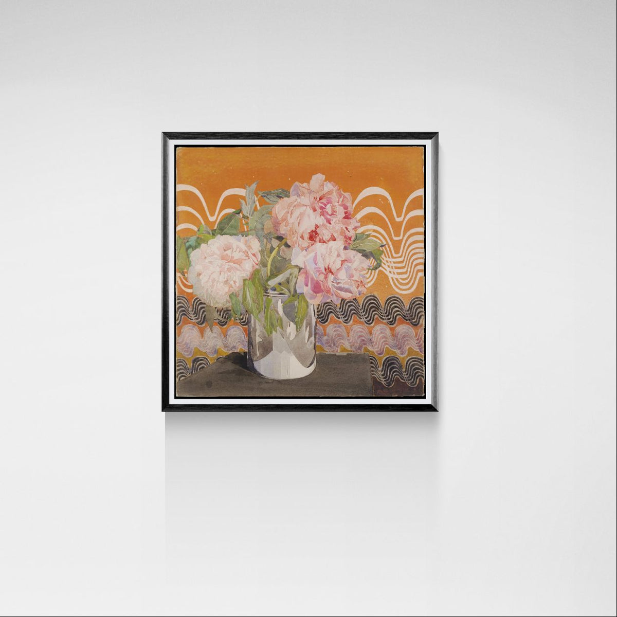 Framed artwork of flowers on an orange background with decorative patterns, mounted on a white wall.