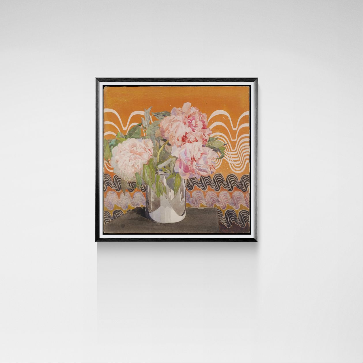 Framed artwork of flowers on an orange background with decorative patterns, mounted on a white wall.