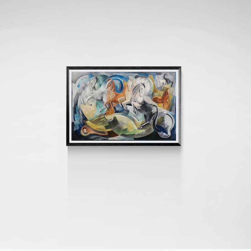 A framed abstract painting featuring a dynamic composition of blue, green, orange, and white brushstrokes, presented in a black frame against a light gray wall.