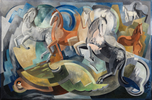 Museum-quality Giclée reproduction of Mainie Jellett's iconic 1940s "Achill Horses," featuring a dynamic, abstract composition of several rearing horses rendered with geometric planes and bold colors. Essential Cubist-Abstract art.