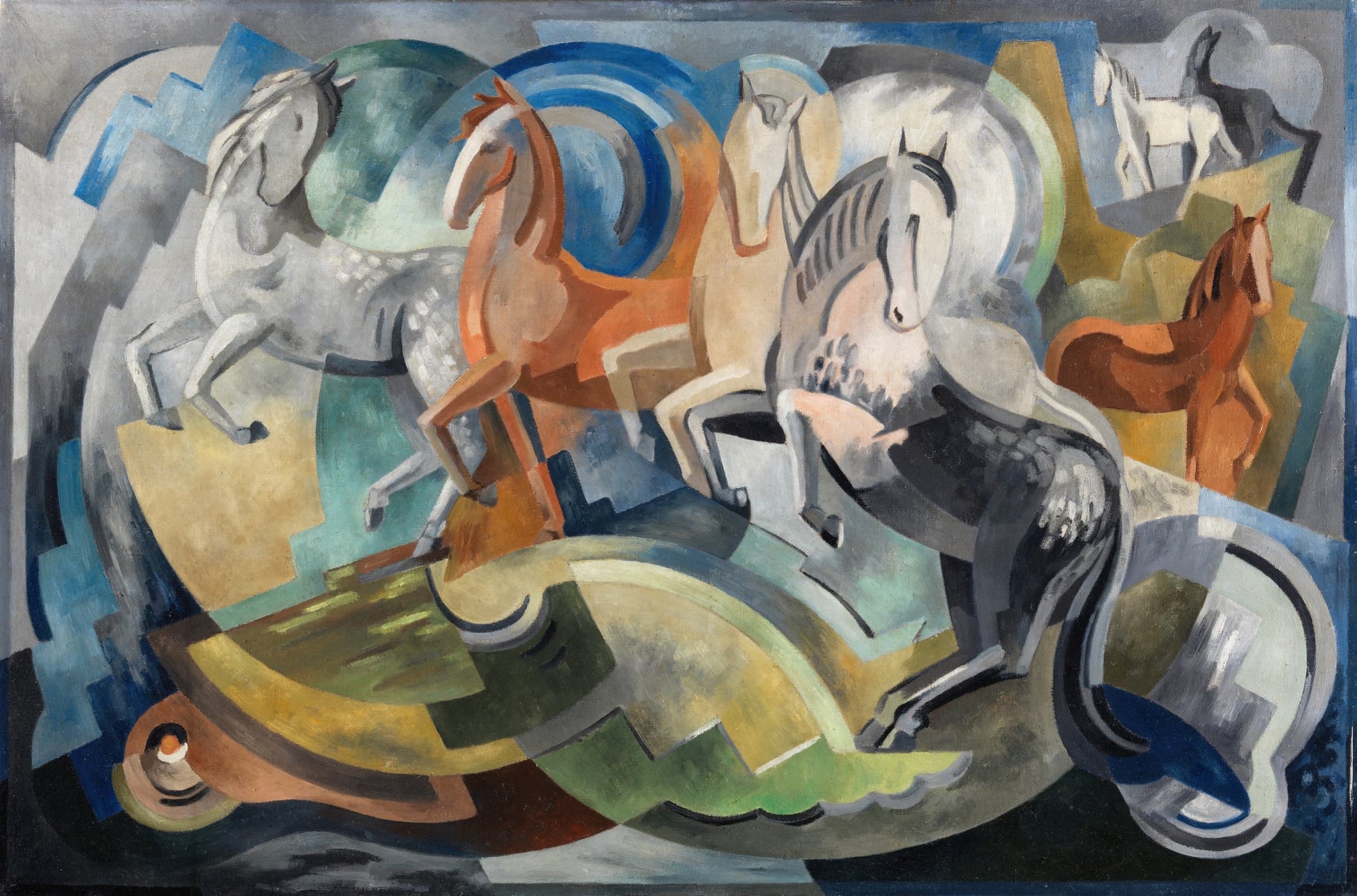 Museum-quality Giclée reproduction of Mainie Jellett's iconic 1940s "Achill Horses," featuring a dynamic, abstract composition of several rearing horses rendered with geometric planes and bold colors. Essential Cubist-Abstract art.