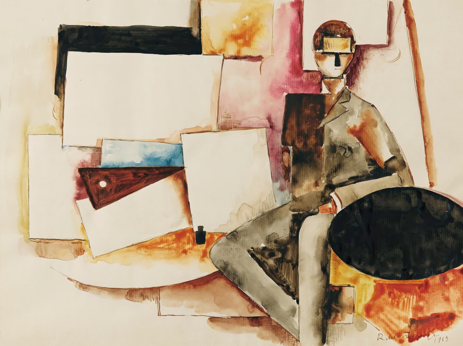 Abstract artwork with geometric shapes and a figure holding a drum.