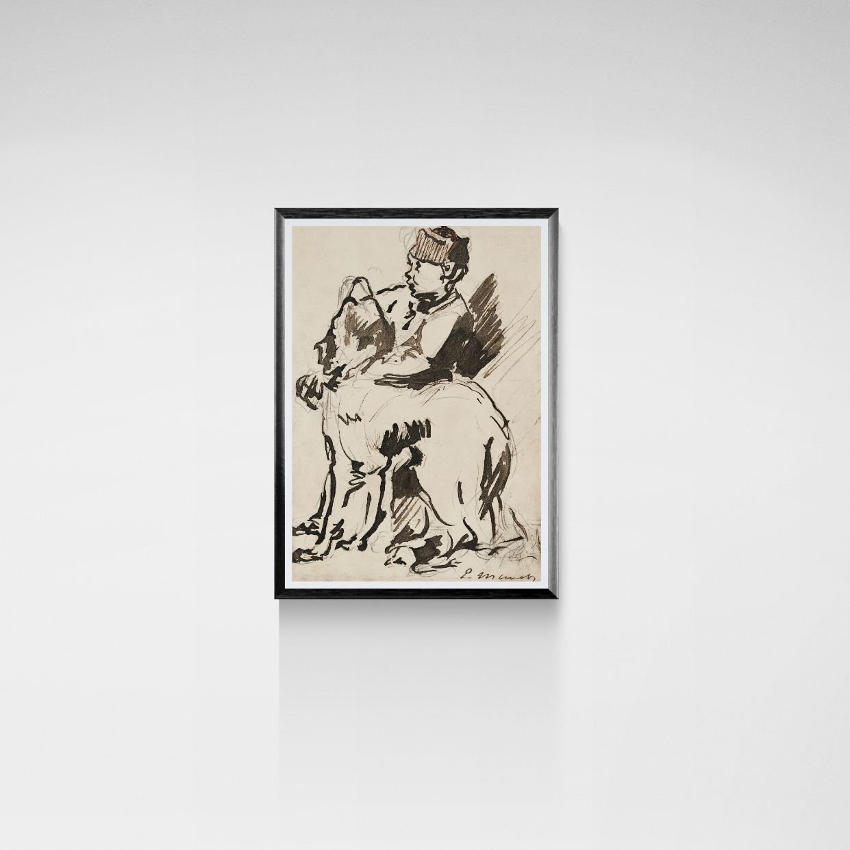 Framed artwork of a man with a dog on a white wall
