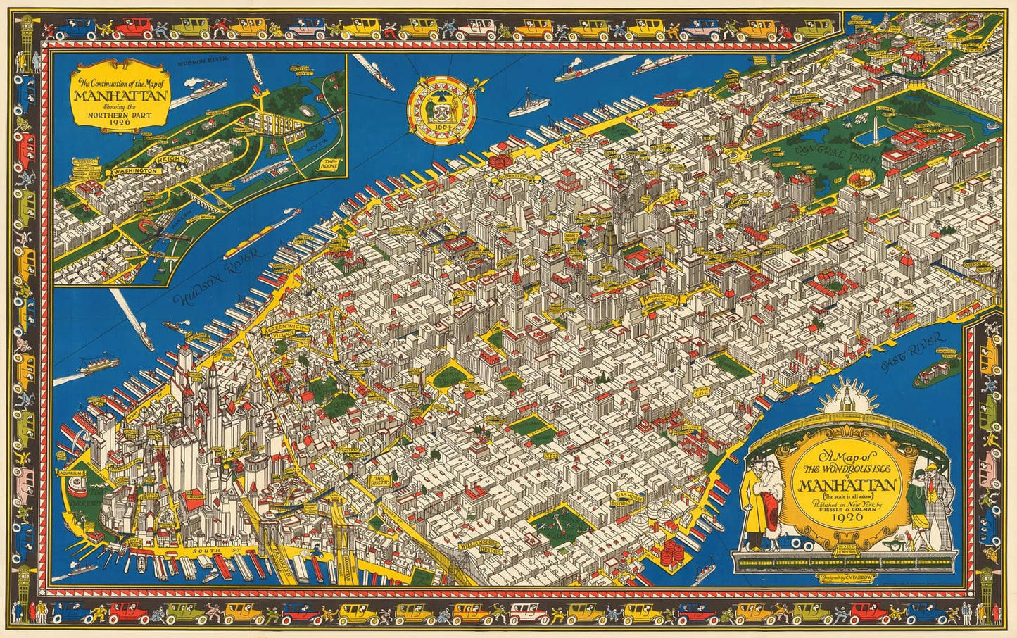 Colorful vintage-style map of Manhattan, New York City