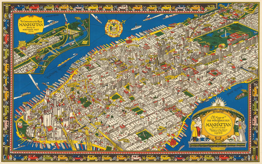 Colorful vintage-style map of Manhattan, New York City