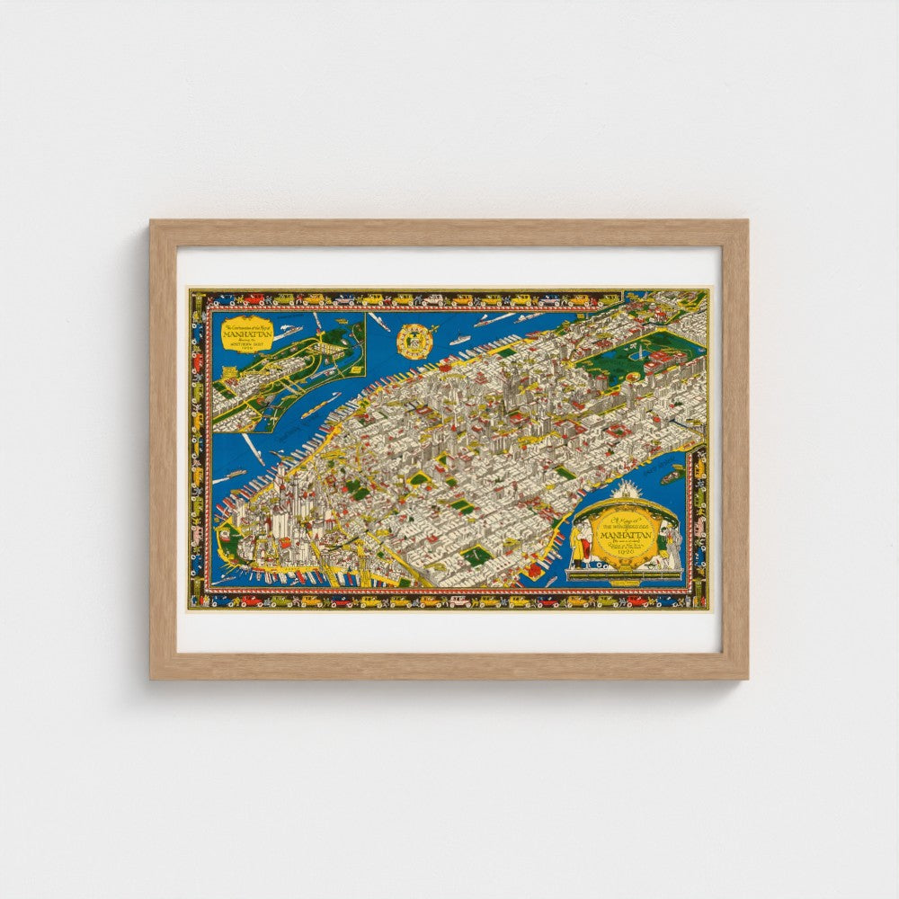 Framed colorful map of New York City on a white wall