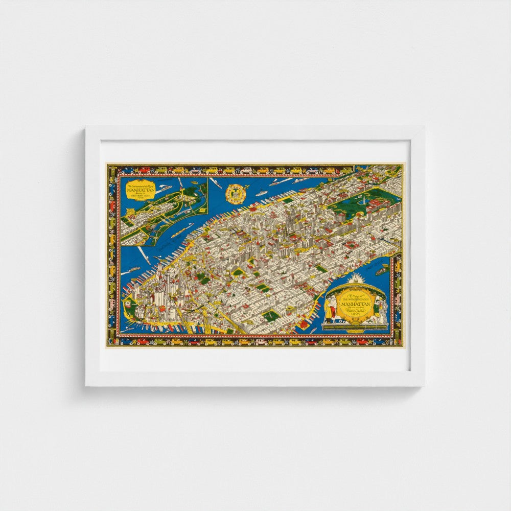Framed map of Manhattan with colorful illustrations on a white background