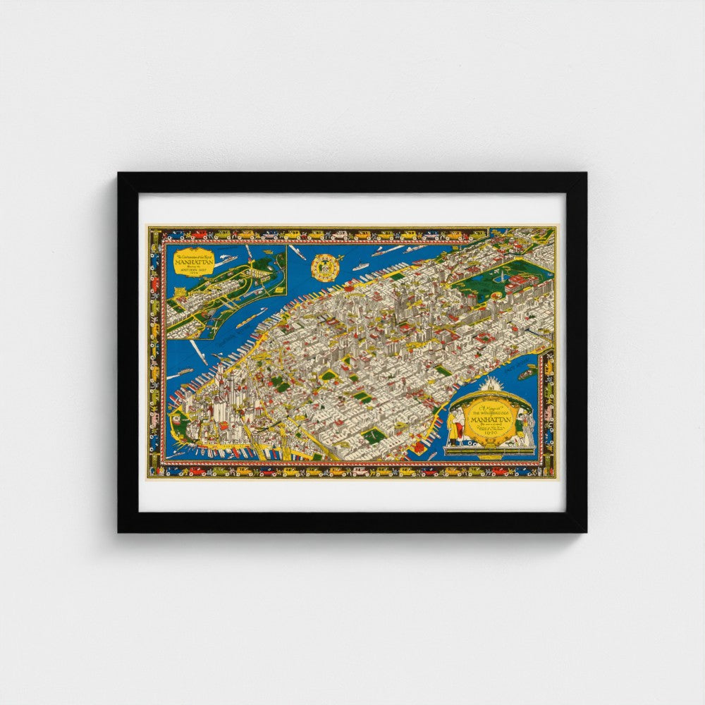 Framed colorful map of New York City on a white background