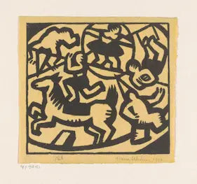 High-quality Giclée reproduction of Maria Uhden's black and yellow woodcut showing stylized, abstract figures of circus performers, including a horse and a figure jumping through a hoop, vintage 1916 Expressionism.