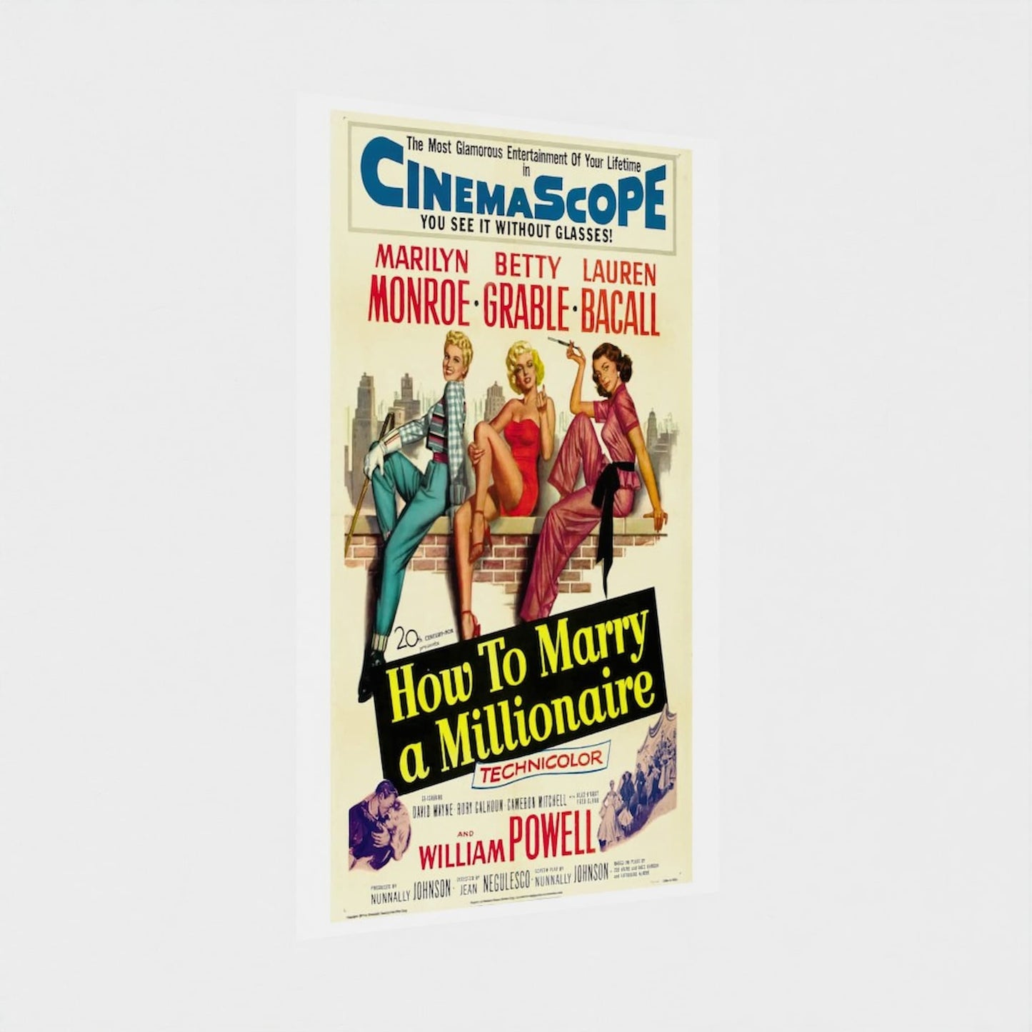 Vintage movie poster for 'How to Marry a Millionaire' featuring three women on a bench.