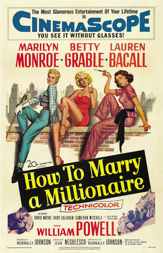 High quality Giclée reproduction of the 1953 movie poster "How to Marry a Millionaire," starring Marilyn Monroe, Betty Grable, and Lauren Bacall, 1950s cinematic style.