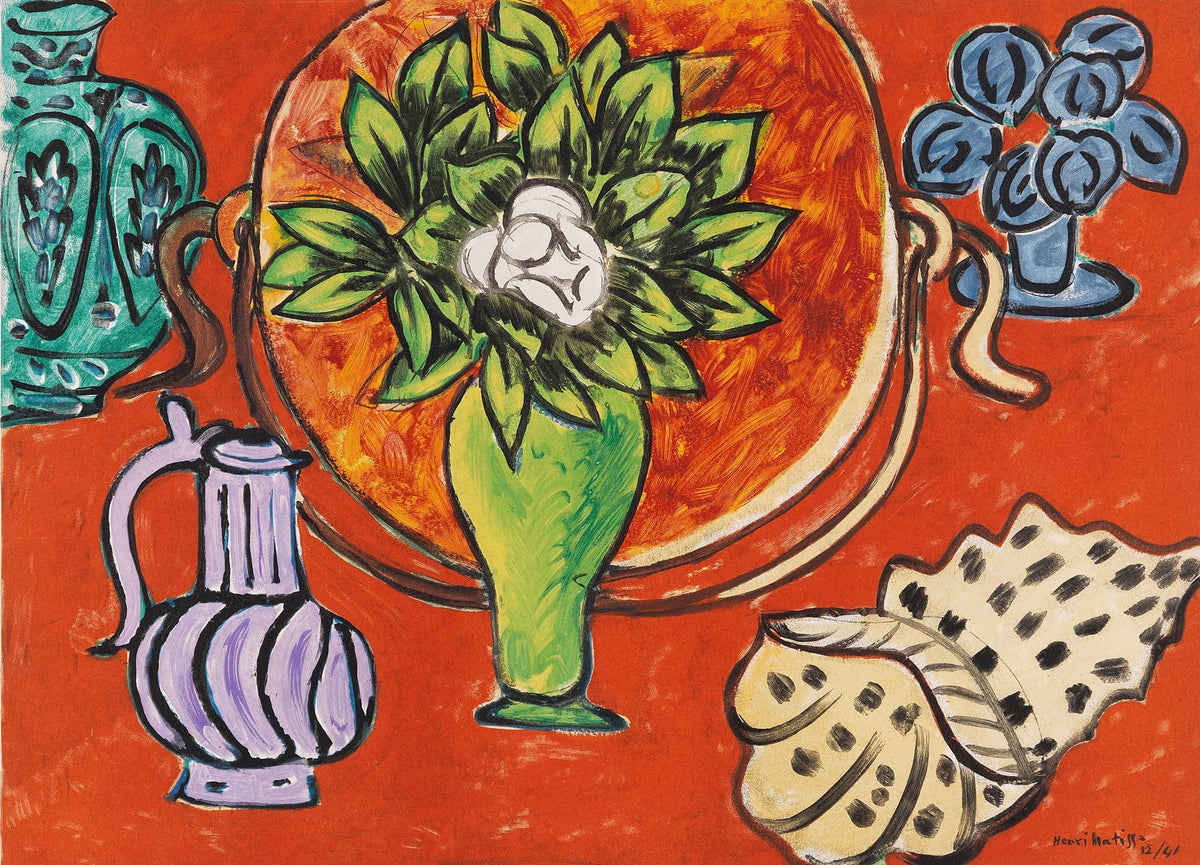 High quality Giclée reproduction of Henri Matisse's 1951 painting "Magnolias Still Life," bold Fauvist style with red background and green vase.