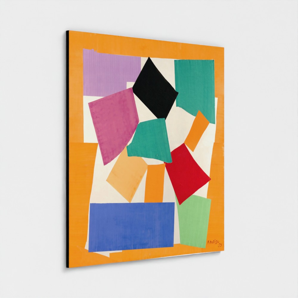 An abstract geometric canvas print featuring overlapping color blocks in purple, black, teal, pink, orange, red, blue, and green, framed by a thick orange border, shown hanging on a light gray wall.