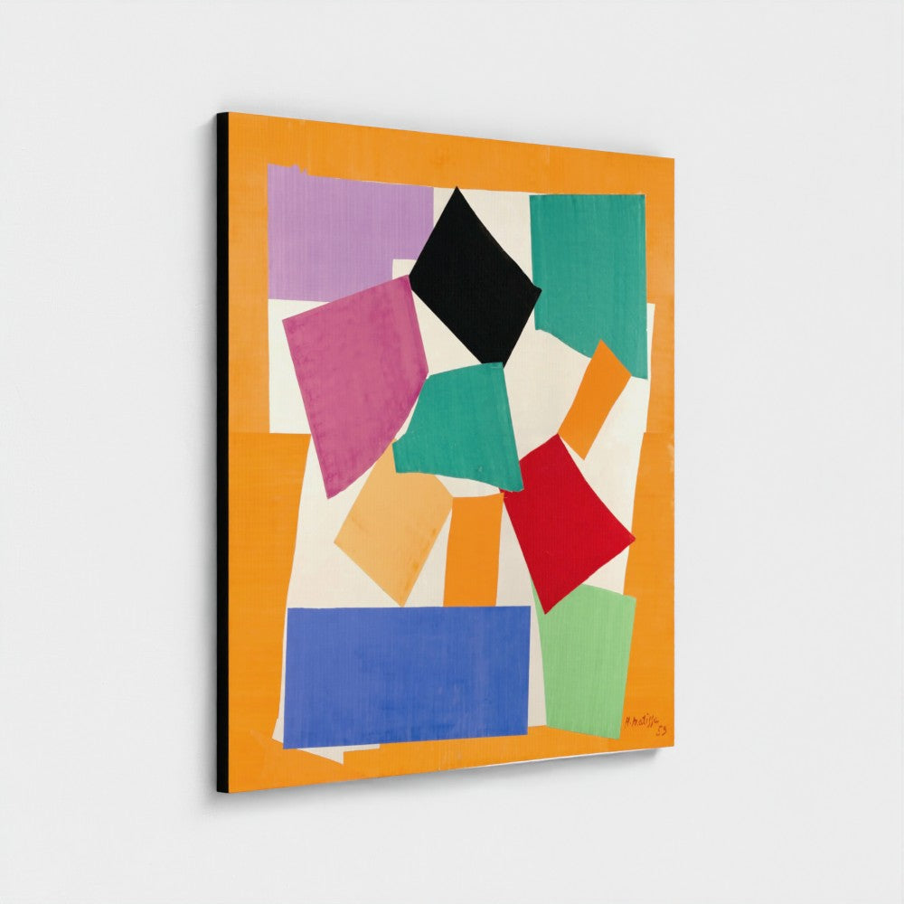 An abstract geometric canvas print featuring overlapping colored shapes on a white background with a thick orange border, shown hanging on a light gray wall.