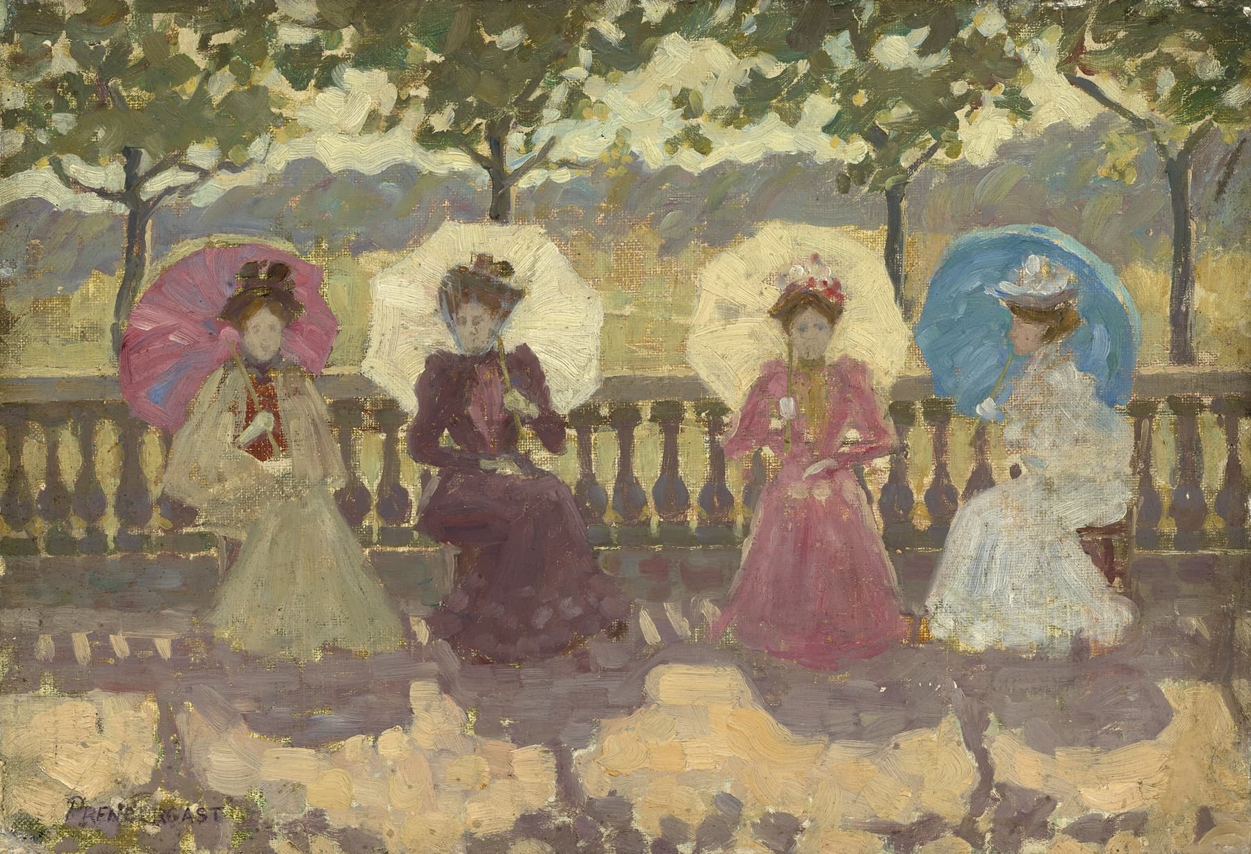 High quality Giclée reproduction of Maurice Prendergast's 1891 Post-Impressionist painting "In the Park, Paris," showing four women with brightly colored parasols.