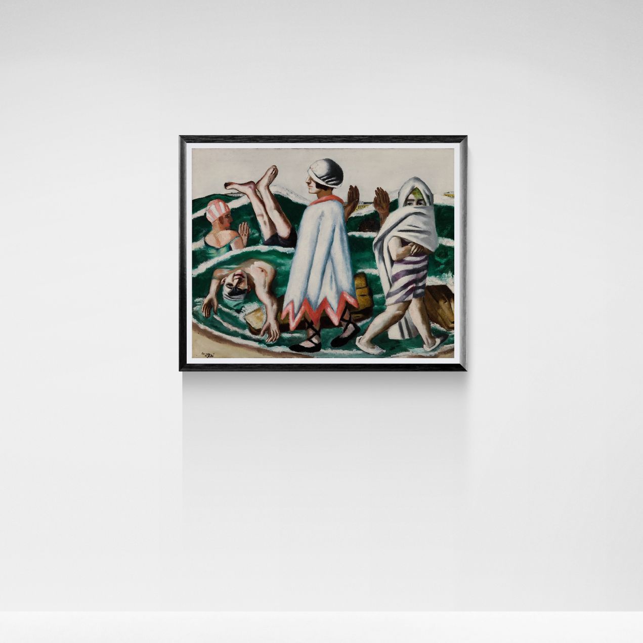 Framed artwork of a scene with people by a pool on a white wall