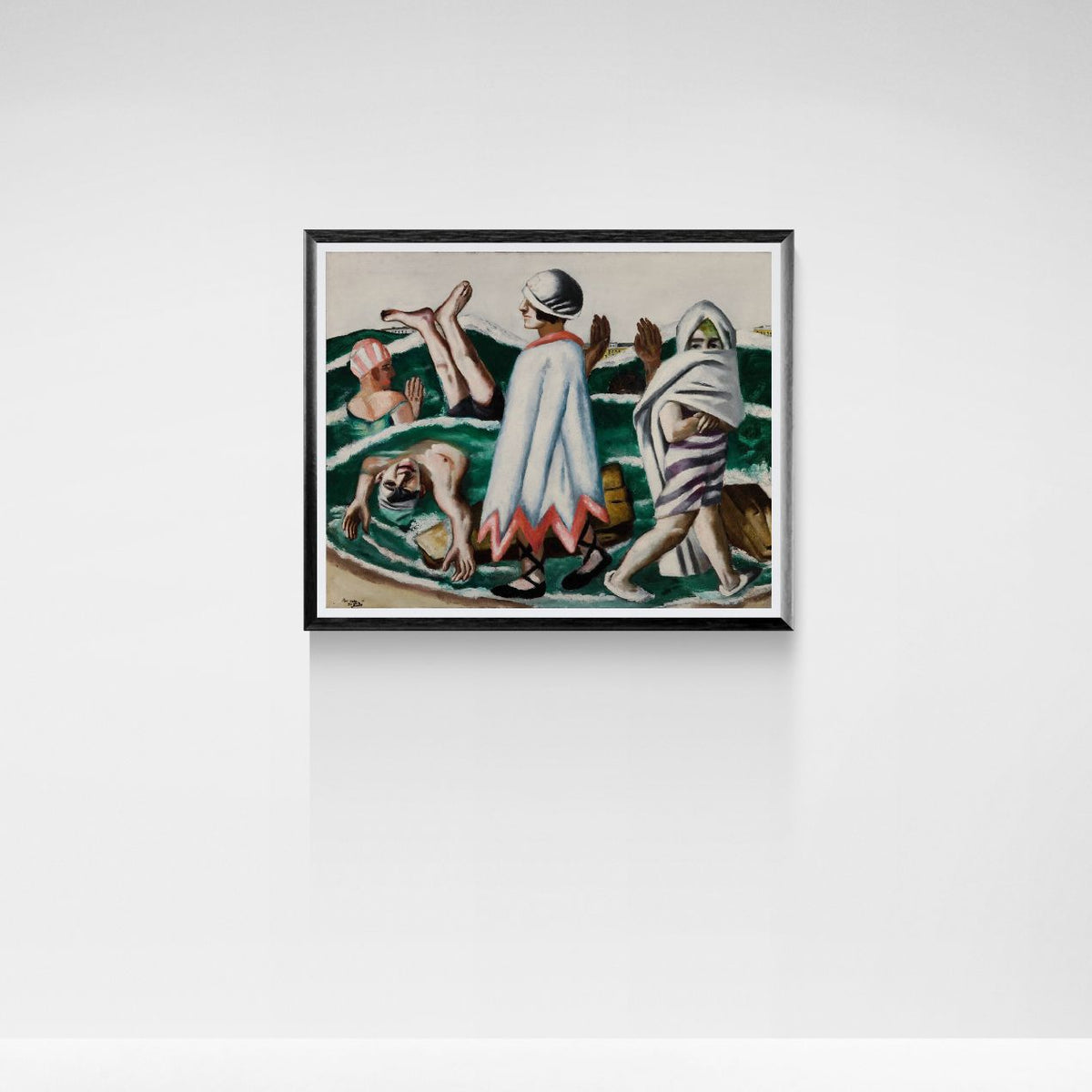 Framed artwork of a scene with people by a pool on a white wall