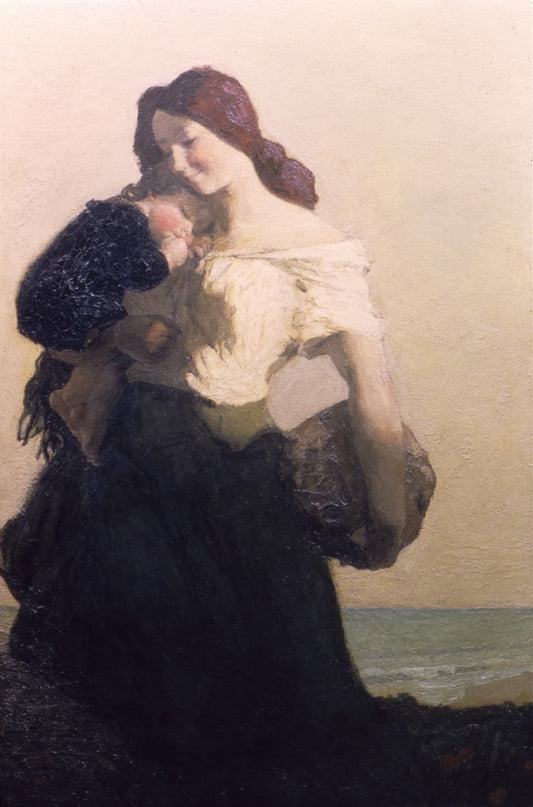 Museum-quality Giclée reproduction of Max Bohm's serene 1900s Tonalist painting, featuring a mother tenderly holding an infant against a gentle seascape. Ideal for nursery, bedroom, or traditional decor.