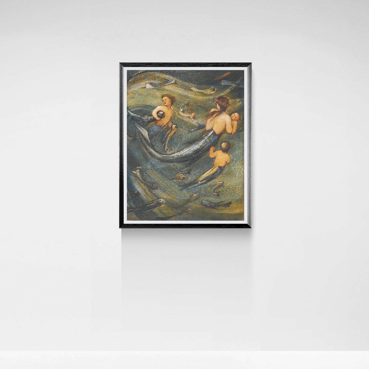 Framed artwork of a classical mermaid painting on a white wall