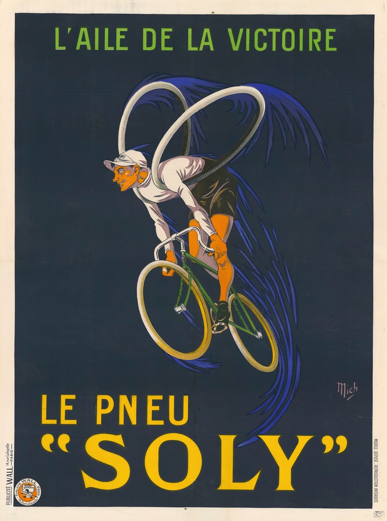 High quality Giclée reproduction of Michel Liebeaux's 1922 "L'Aile de la Victoire" poster, Art Deco style cyclist with tyre wings advertising Soly tyres.