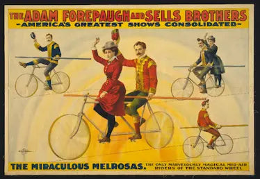 High-quality Giclée reproduction of a yellow and red Victorian lithograph poster for 'The Miraculous Melrosas' showing a couple and two other riders performing acrobatics on high-wheel bicycles, circa 1880s.
