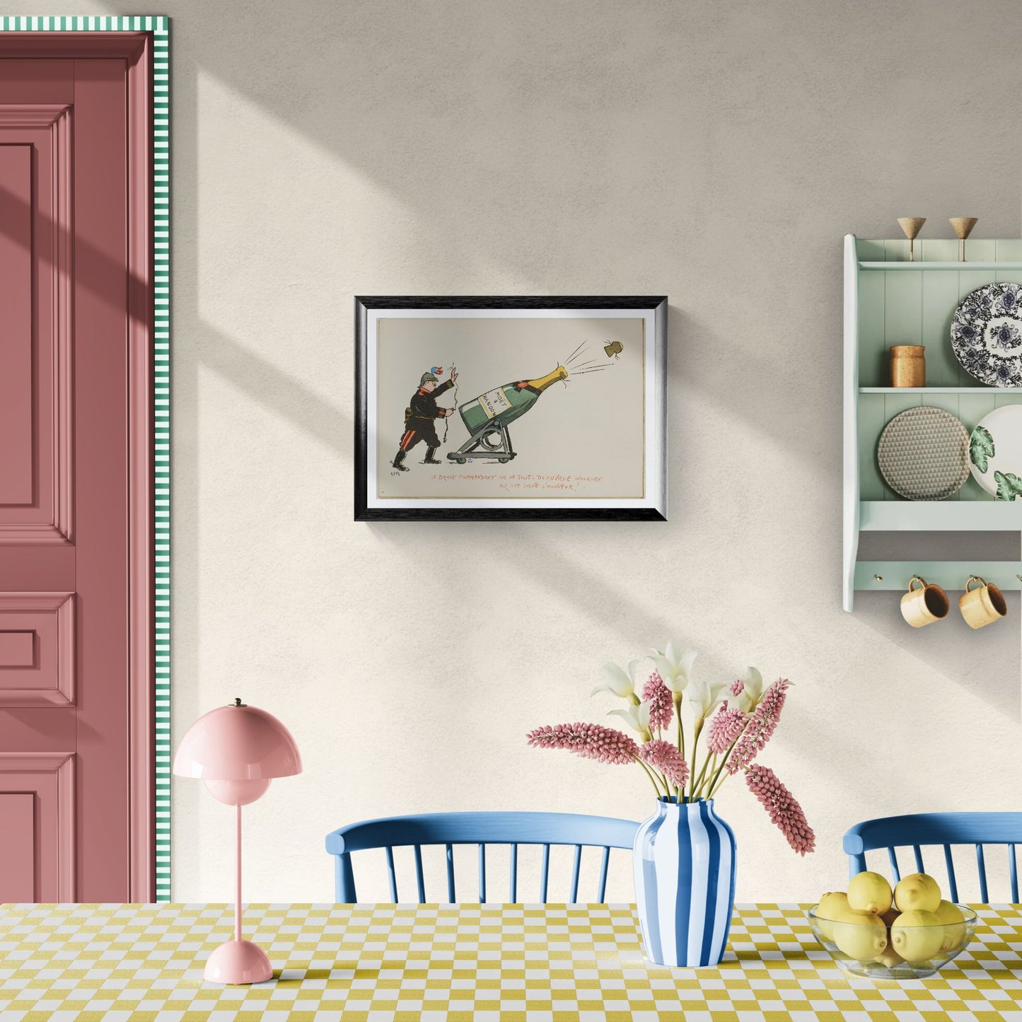 Dining room with a framed picture on the wall, pink lamp, blue chairs, and a checkered tablecloth.