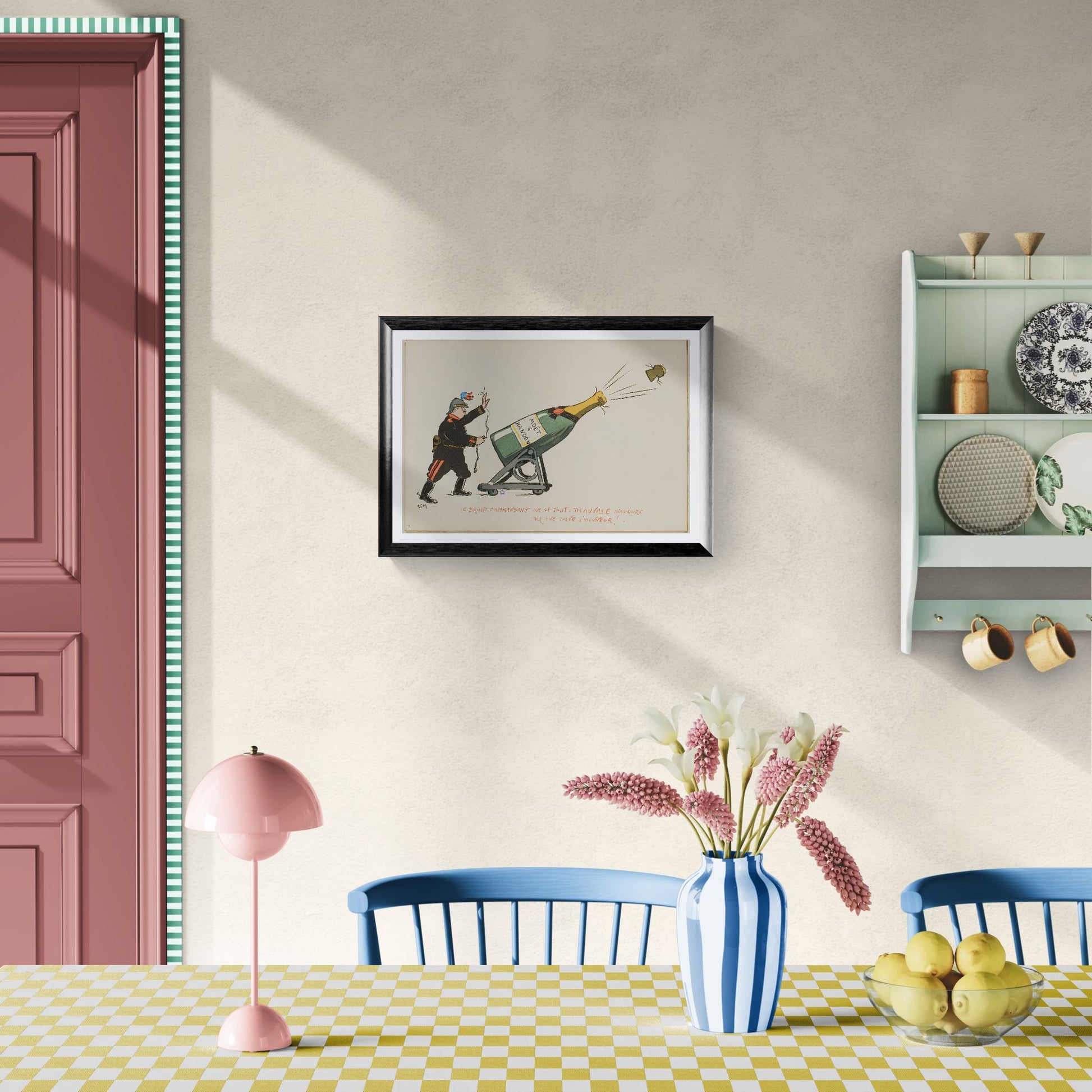 Dining room with a framed picture on the wall, pink lamp, blue chairs, and a checkered tablecloth.