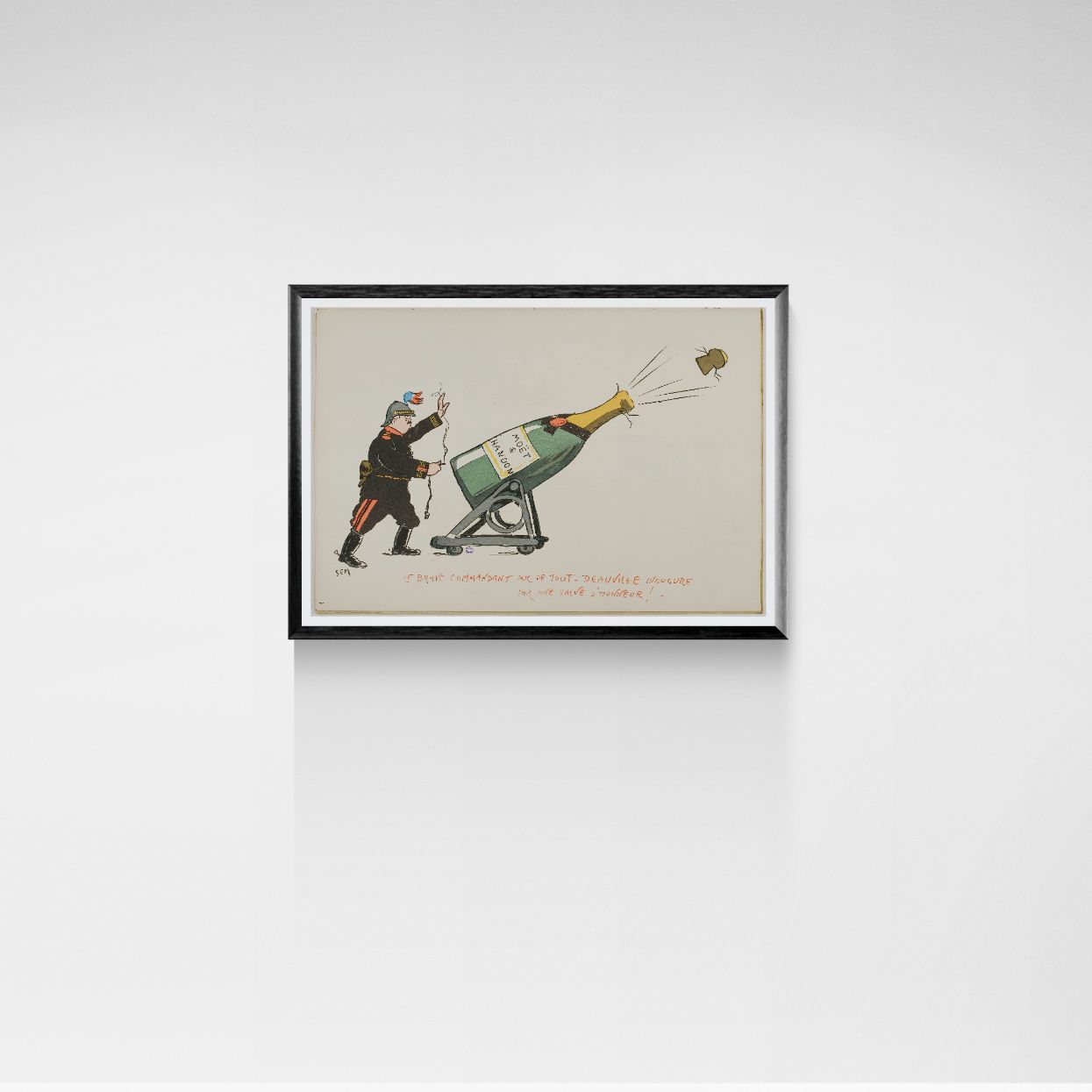 Framed artwork of a man with an oversized bottle of Moet Chandon Champagne as a cannon.
