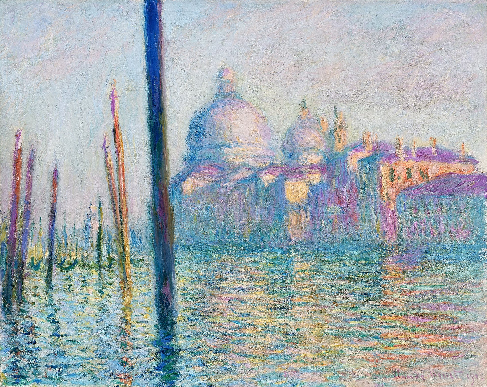 Painting of a cityscape with domes and reflections in water, likely inspired by a famous artwork.