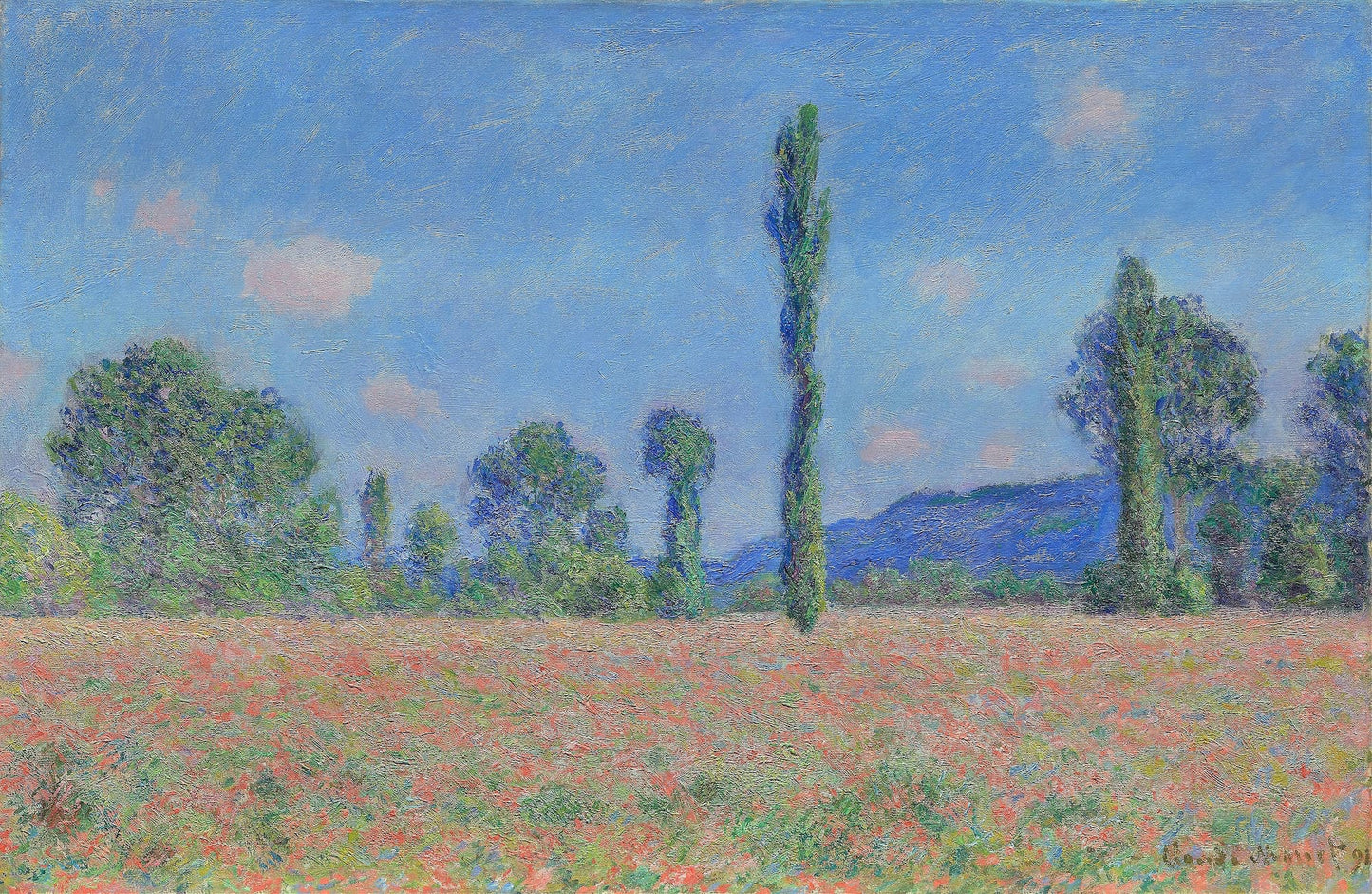 Painting of a poppy field with trees and a blue sky