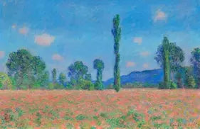 Painting of a field with trees and a blue sky