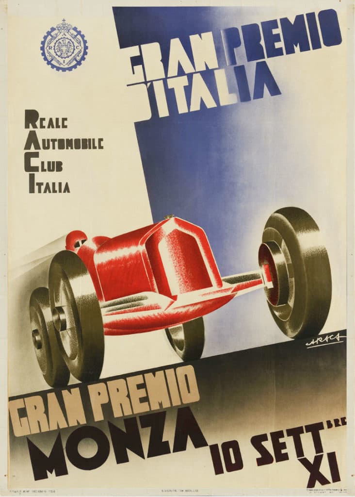 High quality Giclée reproduction of the 1933 Monza Grand Prix poster, showing a red streamlined race car in bold Italian Art Deco / Futurist style.
