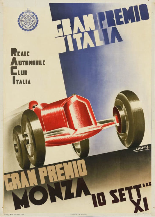 High quality Giclée reproduction of the 1933 Monza Grand Prix poster, showing a red streamlined race car in bold Italian Art Deco / Futurist style.