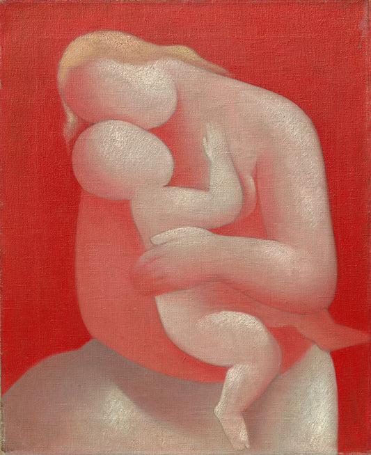 Artistic depiction of a nude figure holding a child against a red background
