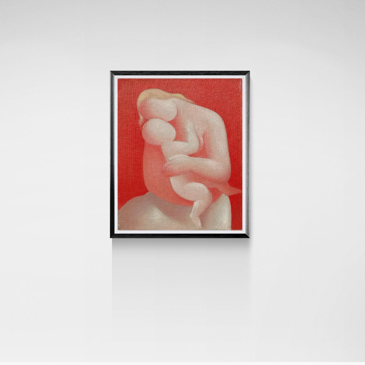 Framed artwork of two abstract figures on a red background