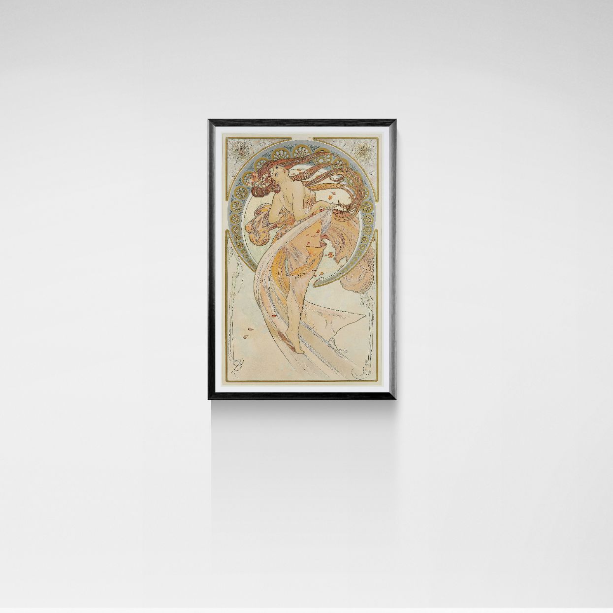 Framed artwork of a woman with floral elements on a white wall