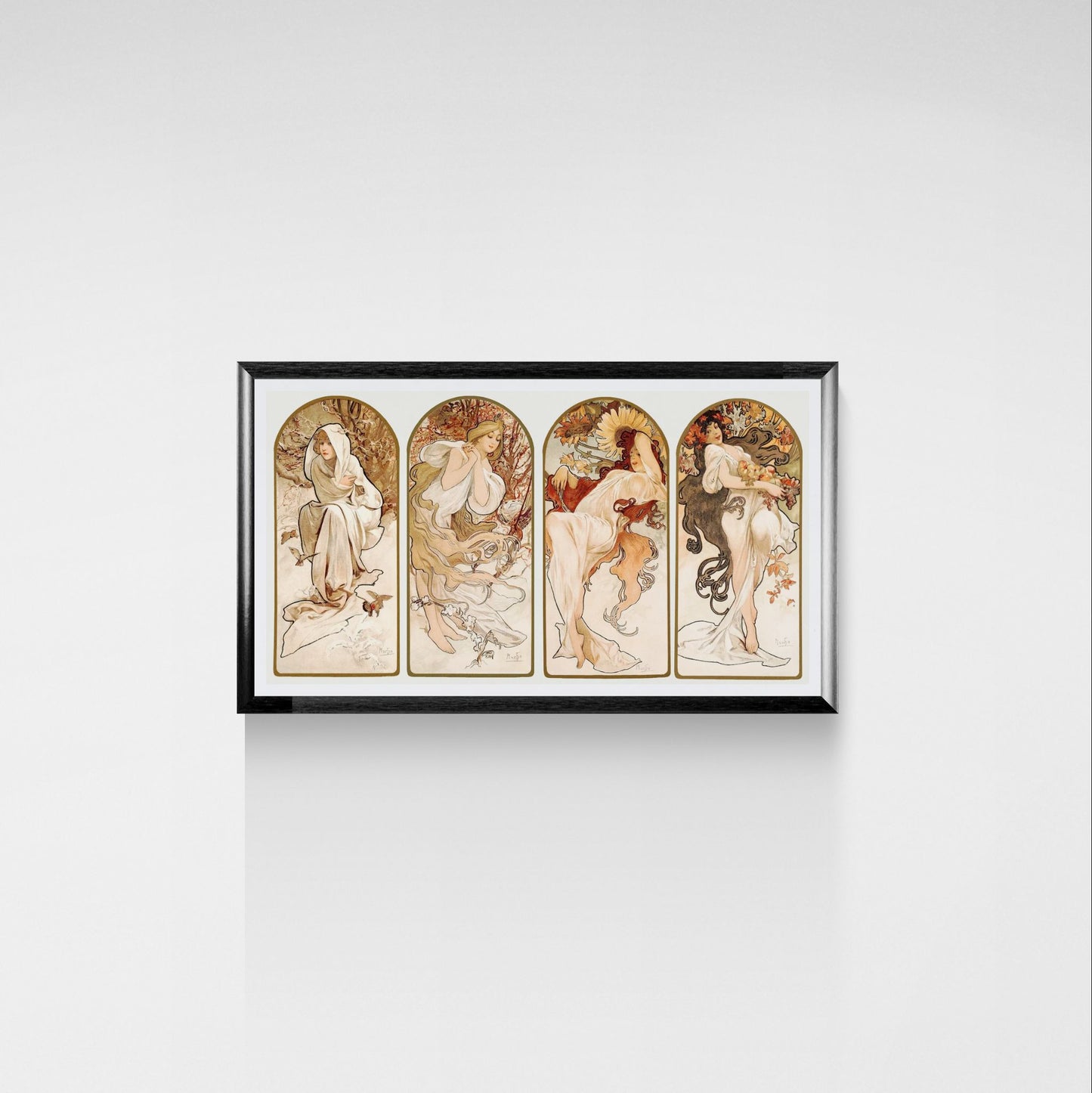 Framed artwork with four depicted women on a white wall