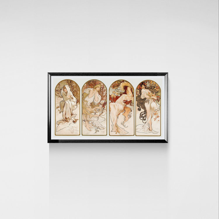 Framed artwork with four depicted women on a white wall