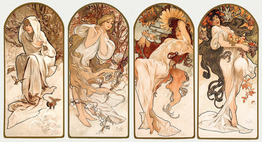 Four panels of a famous artwork featuring women in classical poses with floral elements.