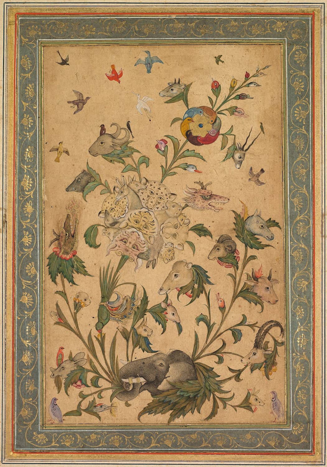 Museum-quality Giclée reproduction of a 17th-century Mughal 'Floral Fantasy' miniature painting, featuring a composite plant figure composed of and inhabited by animal heads, including an elephant, birds, and goats. Perfect for exotic or bohemian home decor.