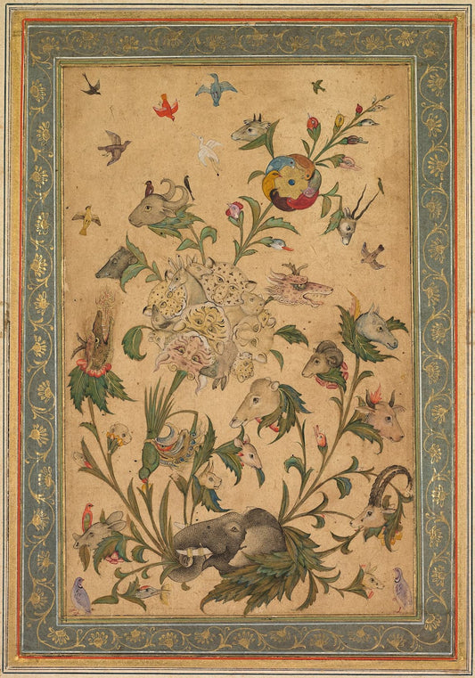 Museum-quality Giclée reproduction of a 17th-century Mughal 'Floral Fantasy' miniature painting, featuring a composite plant figure composed of and inhabited by animal heads, including an elephant, birds, and goats. Perfect for exotic or bohemian home decor.