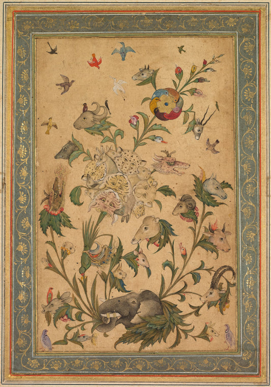 Decorative artwork with animals, birds, and flowers on a beige background with intricate border