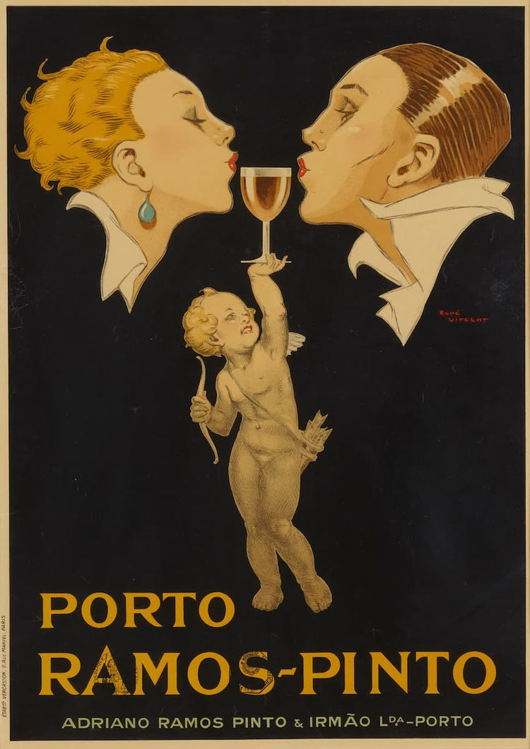 Vintage advertising poster for Porto Ramos Pinto, featuring an illustrated couple kissing while sharing a glass of wine, with a small cherub holding the glass above a dark background and large yellow text at the bottom.