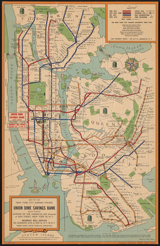 Vintage map of the New York City Subway System with colored lines and labels.