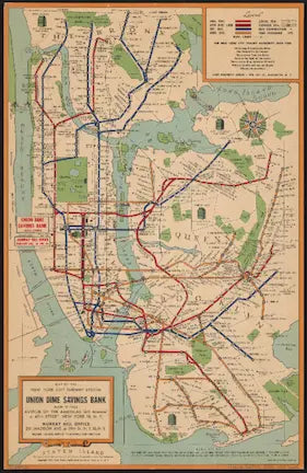 Vintage subway map of New York city with routes and landmarks, featuring Union Home Savings Bank.