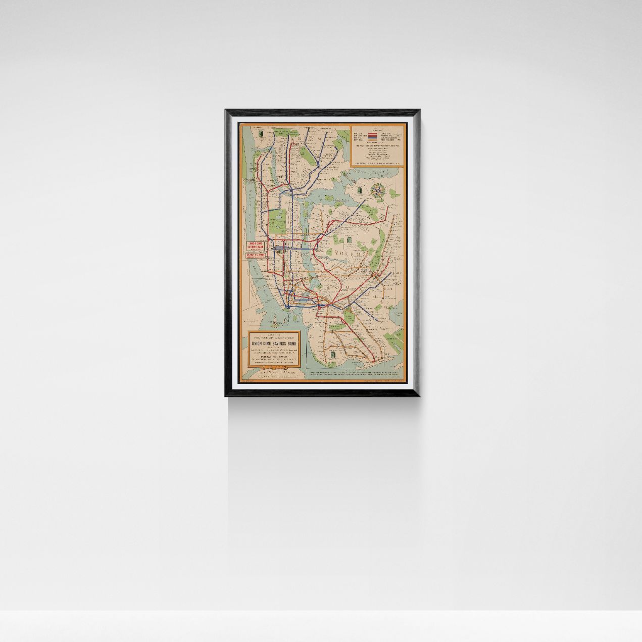 Framed vintage new york subway map on a white wall