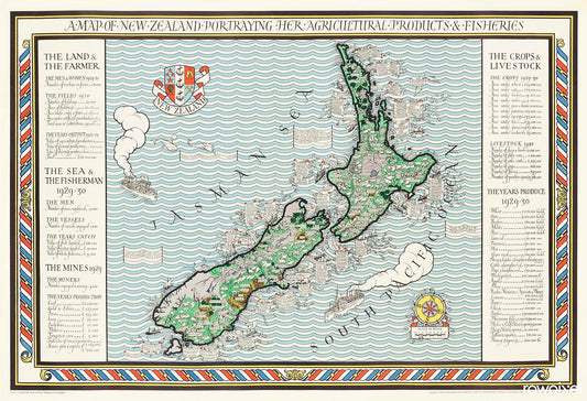 Map of New Zealand with agricultural products and fisheries, framed with decorative border.