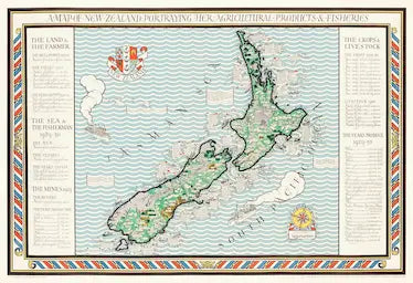 Map of New Zealand with various regions labeled, framed by decorative elements.